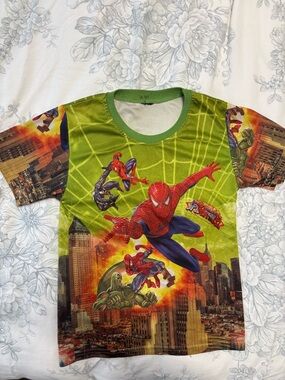 Spiderman Green and Red Cityscape Graphic Tee